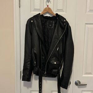 River Island Faux Leather Biker Jacket with Hood in Black (S)